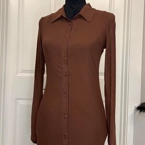 Brown Long Sleeve Mesh Mini Dress — Bodycon Button Up - Size M